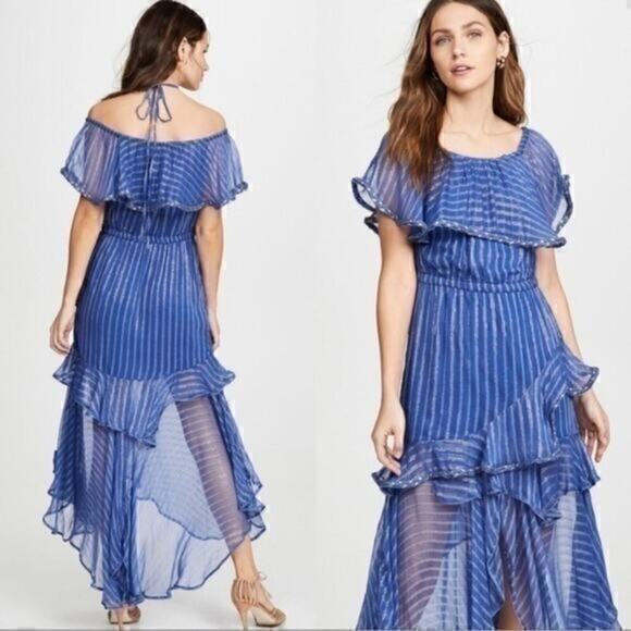 Misa Los Angeles Dress Blue Gold Medium Ambrosia Ruffle Hem Boho Festival NEW - Picture 16 of 16